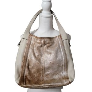 Tano brown cream ivory Metallic handbag purse shoulder bag‎ expanding Side zips